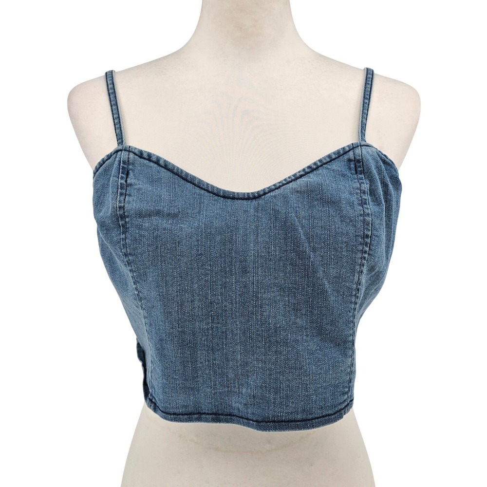 Express Denim Bustier Crop Top L Blue Smocked Back Coquette Festival Y2K Casual